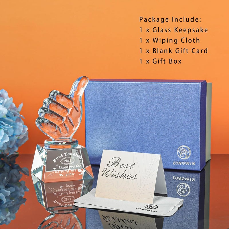 LONGWIN Best Teacher Appreciation Gifts for Women Men, Teacher Christmas Birthday Retirement Thank You Gifts Crystal Awards with Thumbs Up, Unique Present - Image 5